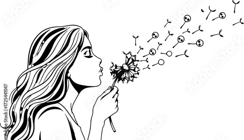 A captivating illustration of a woman blowing a dandelion, isolated on white background, symbolizing wishes and dreams with intricate details and elegance