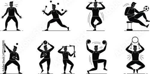 Fitness silhouette illustrations juggling, pull‑up, dumbbell, barbell, soccer ball, tennis racket, lunge, balance, strength training, exercise artwork sequence