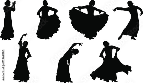 Flamenco dancer silhouettes in flowing dress, expressive dance vector illustration, Spanish culture performance, elegant movement design, black silhouette collection
