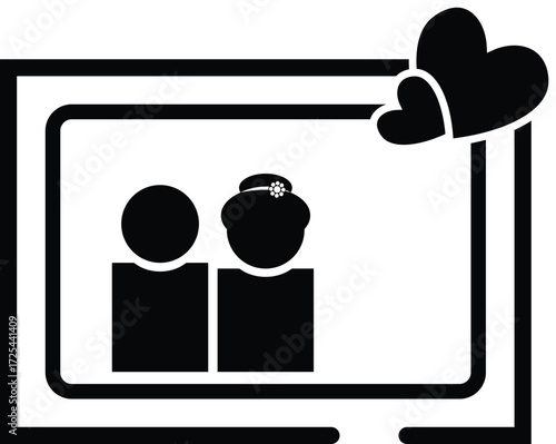 Wedding photo on a screen with two hearts, symbolizing love and commitment.