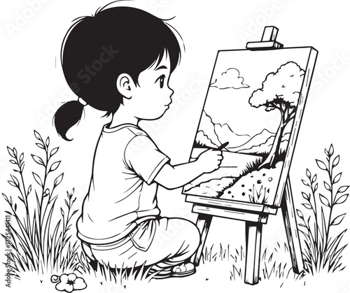 Young Artist and Canvas: A young child focused on an outdoor landscape painting scene on an easel, illustrating creativity and imaginative artistic expression.