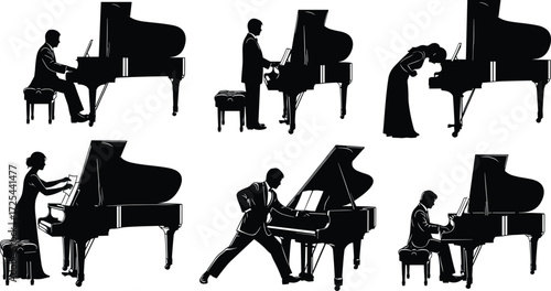 Grand piano silhouette musicians, pianist playing, standing, bowing, adjusting lid, performing, concert stage, classical music, artistic performance, black vector illustration