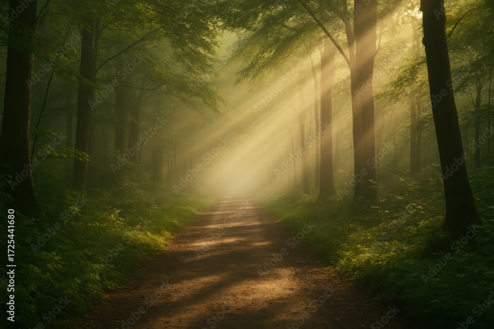Fototapeta premium Sunlight Beams Through Misty Forest Illuminating a Serene Woodland Path
