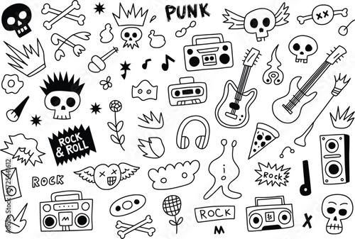 Rock and roll punk music doodles seamless pattern vector art