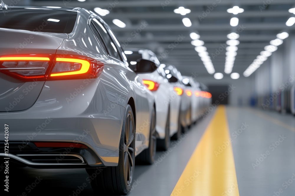 Obraz premium A sleek line of new, light-colored cars with glowing red taillights, parked neatly in a modern assembly plant or showroom.
