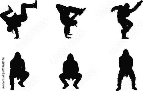 Hip hop breakdance silhouettes, street dance vector illustration, urban dancer poses, black silhouette design, dynamic movement performance, freestyle dance collection