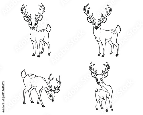 Four stylized line art illustrations of young deer with antlers in various poses on a white background