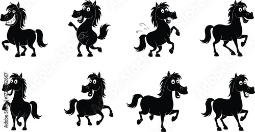 Horse silhouette cartoon, black horse illustration, expressive horse poses, funny horse artwork, animal character design, horse vector drawing, horse emotions, horse clipart