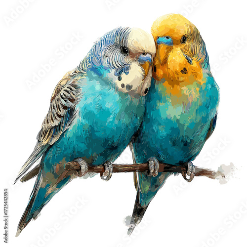 Pair of Colorful Budgerigars Sitting Together on Branch