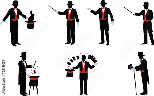 Magician silhouettes performing magic tricks, illusionist vector illustration, circus entertainment design, black silhouette collection, stage performance art, classic magic show
