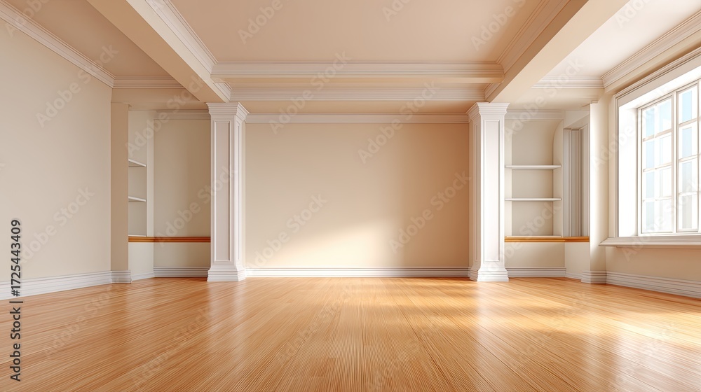 Fototapeta premium Bright and Spacious Empty Room with Wooden Floor and Elegant Architectural Details