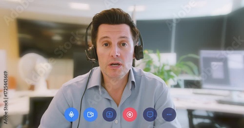 Business Man with Headset on a Video call in an Office, Telemarketing, Call centre