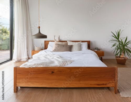 Wallpaper Mural mid century wooden double bed scandinavian style double bed with white blanket and pillows Torontodigital.ca
