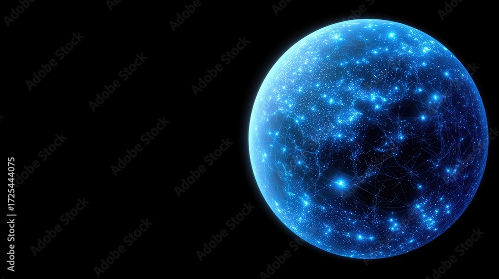 Fototapeta premium Abstract Blue Planet with Starry Network, Cosmic Space, Illuminated Sphere, Digital Connections, and Bright Glowing Particles