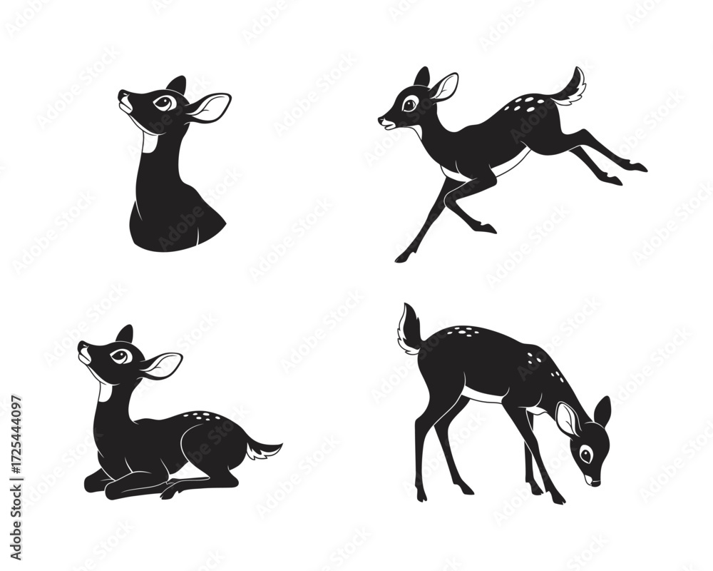 Obraz premium Four silhouette illustrations of young deer in various poses showing playful and gentle nature