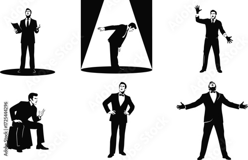 Men silhouette poses, formal attire characters, expressive gestures illustration, business presentation, theatrical bow spotlight, dramatic speech, black white drawing