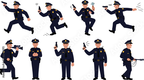 Police officer silhouettes in action poses, law enforcement uniforms, gun, radio, binoculars, megaphone, tactical stance, security patrol illustration design