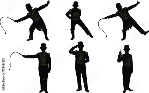 Ringmaster silhouette illustration with top hat and whip, circus leader poses, performance character design, theatrical authority figure artwork sequence