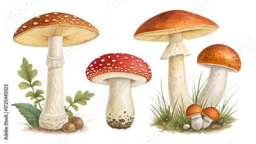 Realistic Autumn Mushrooms PNG Set – Isolated Chanterelles, Porcini, and Fly Agaric on Transparent Background