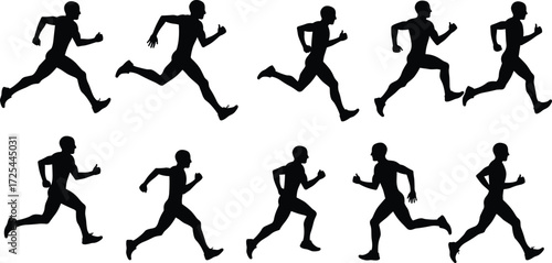 Running silhouette sequence showing athletic motion, human biomechanics, sports training, fitness exercise, jogging cycle, dynamic posture, athlete movement