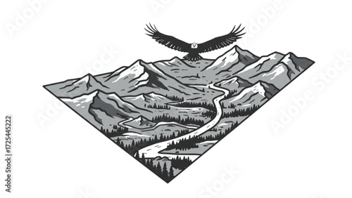 Advanced Exploration of Majestic Eagle Soaring Over Mountainous Wilderness with Forest and River Landscape