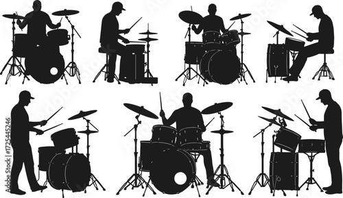Silhouette drummers playing drum sets, music performance illustration, percussion artist poses, live concert entertainment, black vector design, rhythmic stage performance