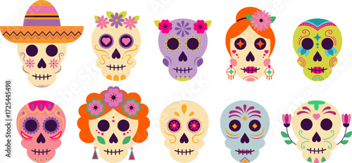 Set of isolated vector Mexican skulls with bright patterns, decorations, and flowers for the Day of the Dead.