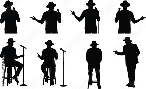 Silhouette performer with microphone, stand‑up comedy poses, public speaking gestures, seated and standing expressions, entertainment stage show illustration design artwork