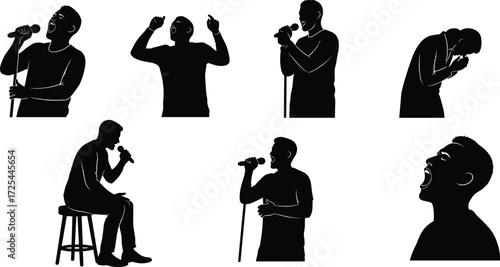 Silhouette singers performing on stage, microphone concert poses, music performance illustration, vocal artist expressions, live show entertainment, black vector design