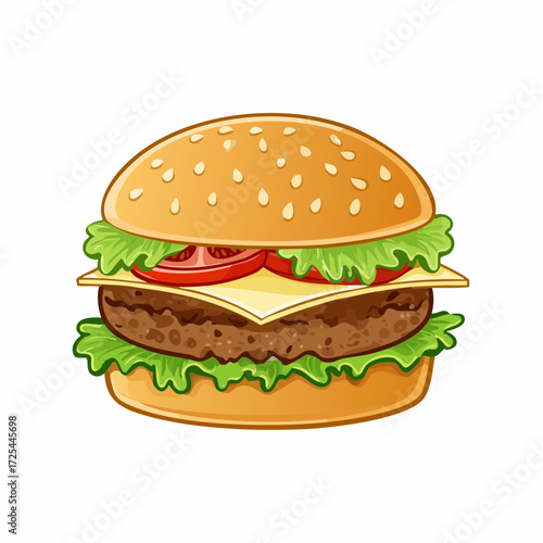 Deliciously rendered illustration of a classic cheeseburger with fresh lettuce, ripe tomato slices, melted cheese, and a juicy beef patty, all nestled within a sesame seed bun