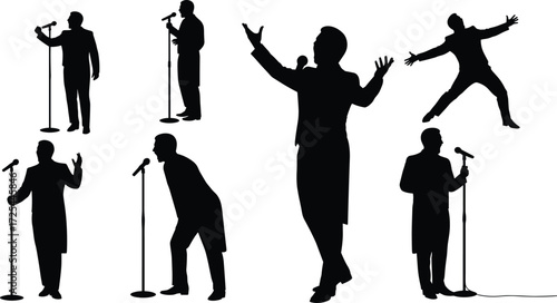 Singer silhouette illustration with microphone stand, tuxedo performer poses, live concert stage presence, expressive body language, music entertainment artwork design