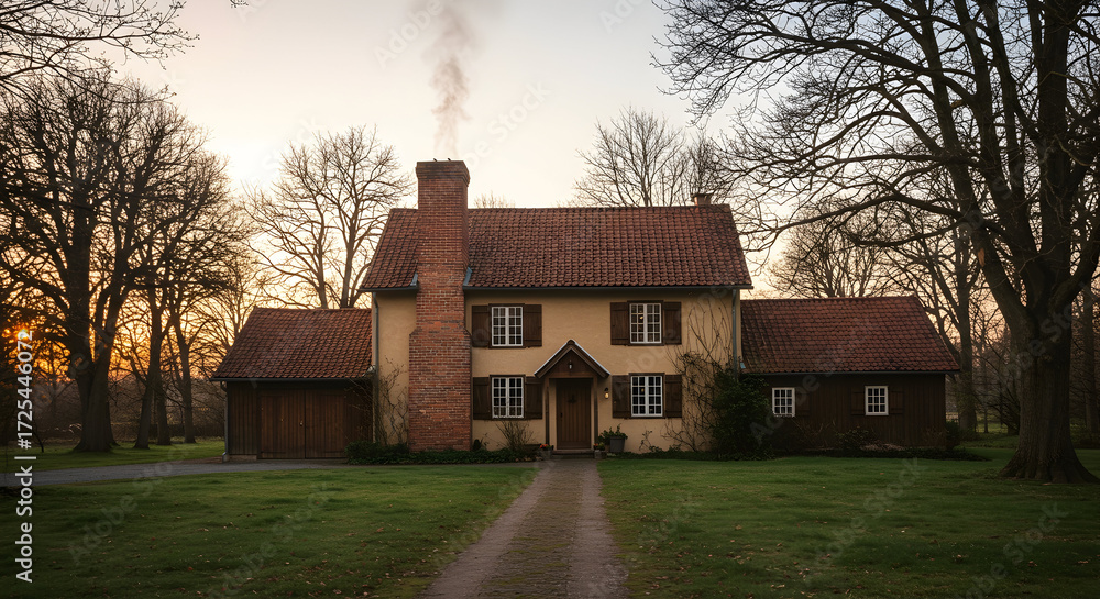 Fototapeta premium A home with a smoke curling from its chimney