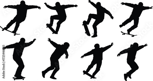Skateboarding silhouette sequence showing tricks, jumps, balance, hoodie outfit, urban street sport, skateboarder motion, extreme sports action illustration design