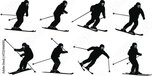 Skiing silhouette sequence showing downhill motion, winter sports athlete, ski poles, helmet gear, snow activity, alpine skiing technique illustration design