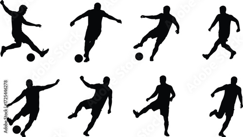 Soccer silhouette, football player, kicking ball, dribbling action, dynamic movement, sports training, athletic pose, black outline, competitive game, teamwork, fitness