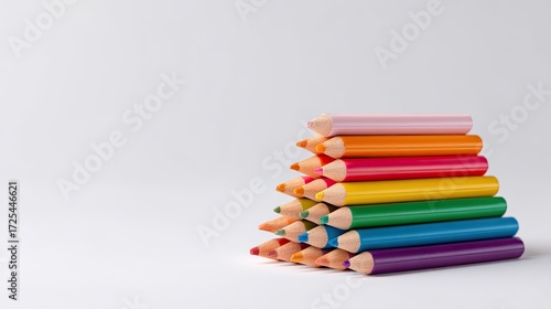 Colorful Assortment of Pencils Stacked in a Pyramid Formation on Plain White Background for Art and Education Use
