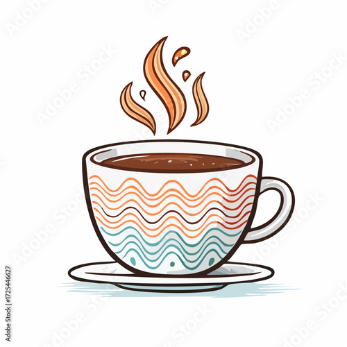 Vibrant hand-drawn illustration of a steaming hot cup of coffee or tea, featuring a colorful wavy pattern on the mug