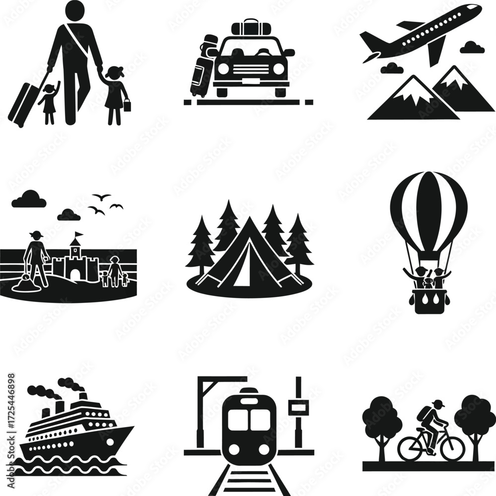 Fototapeta premium Collection of travel icons illustrating diverse transportation and vacation options icons