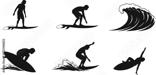 Surfing silhouette illustrations with surfboard, wave, aerial trick, crouching, relaxed pose, ocean sport, extreme water activity artwork design sequence