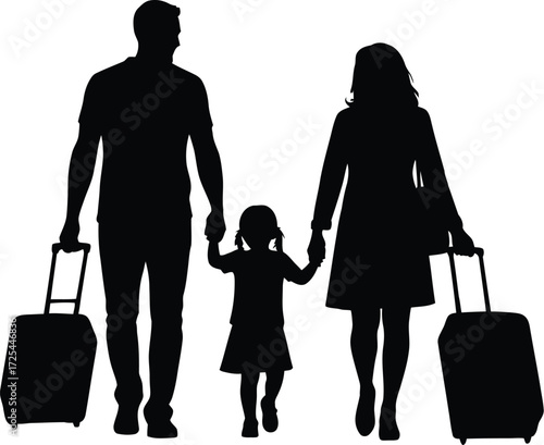 Silhouette of a family traveling with luggage representing vacation and togetherness