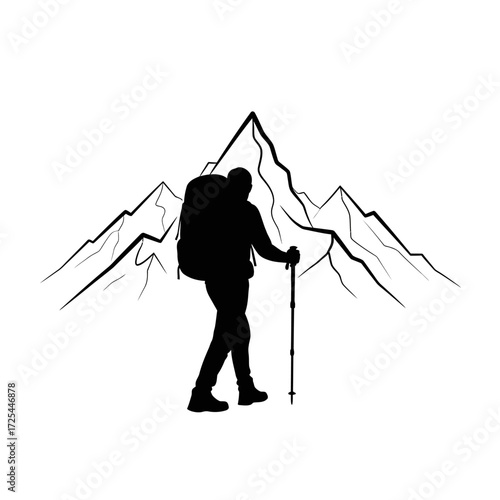 Hiker silhouette conquering majestic mountain peaks with backpack and trekking pole, perfect for outdoor adventure branding and motivational designs for travel and tourism