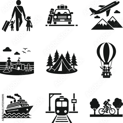 Collection of travel icons illustrating diverse transportation and vacation options icons