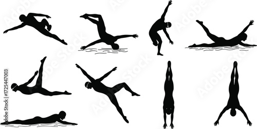 Swimming silhouette illustration showing freestyle, backstroke, butterfly, diving, aquatic sports training, athlete motion, water technique, fitness exercise, dynamic movement design