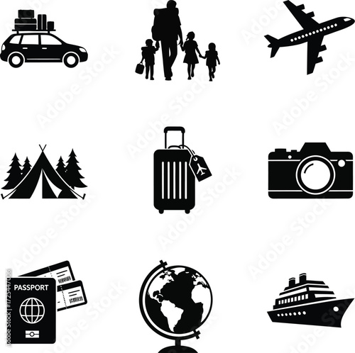 Collection of travel-themed silhouette icons representing various modes and aspects of vacation