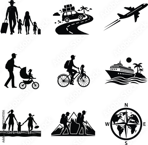 Diverse travel and adventure icons representing various transportation modes and family activities