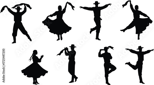 Traditional folk dance silhouettes, cultural dancers in costume, heritage performance vector illustration, black silhouette design, expressive movement, festival dance collection