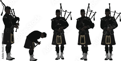 Traditional Scottish bagpiper musician in kilt, cultural heritage performance, bagpipes music, Highland attire, Celtic festival celebration, marching band parade illustration