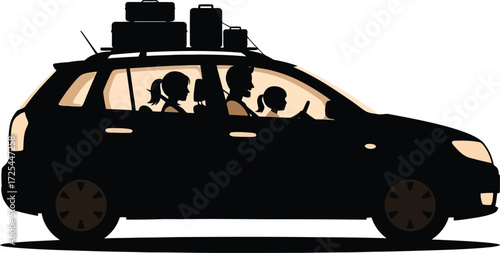 Silhouette family on a road trip vacation with luggage strapped on roof of car