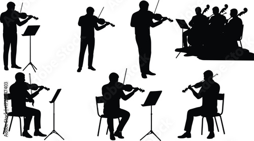 Violinist silhouette musicians, standing and seated players, string quartet performance, classical music concert, orchestra rehearsal, artistic vector illustration, black design