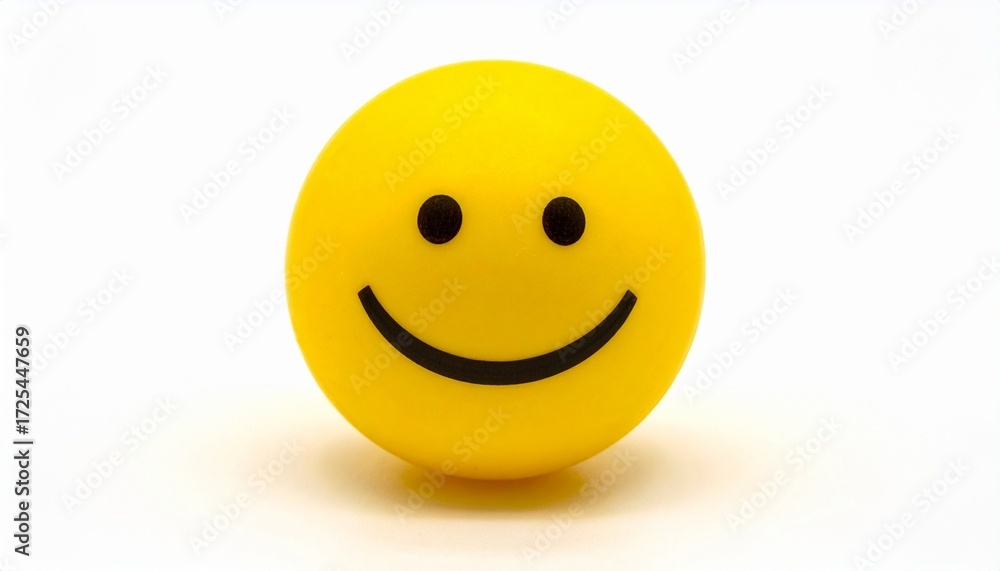 Fototapeta premium Yellow smiley face ball with black eyes and curved smile—placed on white surface with plain background